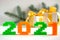 2021 bright numbers from the children`s designer. Happy new year greeting card, copy space for text.