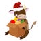 2021. A cheerful ox in a red Santa hat sits in front of a box with Christmas decorations. The bull is the symbol of the Chinese Ne