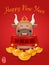 2021 Chinese new year of cute cartoon ox holding scroll reel spring couplet and golden ingot. Chinese Translation : New year and