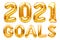 2021 GOALS phrase made of golden inflatable balloons. New year resolution goal list, change and determination concept. Helium
