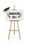 2021 graduation ceremony banner. Award concept with academic hat, easel and text on white paper placard.