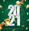 2021 green Happy New Year vector background with golden gift ribbon, confetti, white numbers. Christmas celebrate design