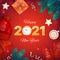 2021 Happy New Year. Golden Numbers with sequins and wall clock. Background, banner, flyer, card with Christmas tree branches