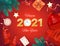 2021 Happy New Year. Golden Numbers with sequins and wall clock. Background, banner, flyer, card with Christmas tree branches