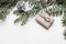 2021 Happy New Year Merry Christmas decoration flat banner. Gift box red ribbon silver bells spruce branch top view. Boxing day te