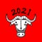 2021 Happy New Year. Ox, cow, bull heads isolated on red background. Eastern Chinese year lunar calendar mascot. Chinese greeting