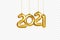 2021 New Year card. Christmas Decorations Hanging on a Gold chain Gold number 2021 on checkered background. Happy New Year Design