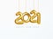 2021 New Year card. Design of Christmas decorations hanging on a gold chain gold number 2021