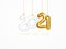 2021 New Year card. Design of Christmas decorations hanging on a gold chain white number 2021. Happy New Year