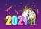2021 New Year Greeting Card with Number, Chiming Clock Decorated with Spruce Branch, Champagne Wineglasses and Confetti