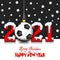 2021 New Year and soccer ball hanging on strings