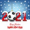 2021 New Year and soccer ball hanging on strings