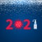 2021 numbers with virus and hand sanitizer. Coronavirus covid-19 pandemic. Funny New Year typography poster. Vector template for