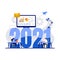 2021 online learning and distant education concept with character. Student near 2021 date, computer and books. Opportunities of