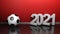 2021 at red wall with soccer ball - 3D rendering illustration