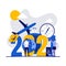 2021 trip or summer vacation planning concept with character. People stand near 2021 date and choosing travel destination.