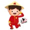 2021 Vietnamese New Year Tet illustration, buffalo, cute kid in traditional red shirt hello new year, yellow hat, Lunar New Year.