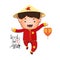 2021 Vietnamese New Year Tet illustration, buffalo, cute kid in traditional red shirt hold lantern, yellow hat, Lunar New Year.