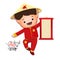 2021 Vietnamese New Year Tet illustration, buffalo, cute kid in traditional red shirt hold scroll, yellow hat, Lunar New Year.
