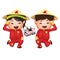 2021 Vietnamese New Year Tet illustration, buffalo, cute kids in traditional red shirt hello new year, yellow hat, Lunar New Year