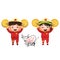 2021 Vietnamese New Year Tet illustration, buffalo, cute kids in traditional red shirt hold gold coin, yellow hat, Lunar New Year