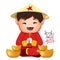 2021 Vietnamese New Year Tet illustration, buffalo, cute kids in traditional red shirt sit hand in hand gold ingots, yellow hat,