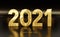 2021Happy new year 2021 and merry Christmas, figures 2021 in gold metal on a glossy black background, 3D render.