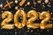 2022 balloon gold text on black background with Christmas gift boxes, golden confetti, gold balls, festive decor. Happy