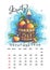 2022 Calendar January. Funny cartoon tangerines in a wooden barrel