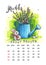 2022 Calendar March. Funny cartoon rabbit, garden watering can, Easter eggs