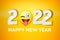 2022 Happy new year greeting horizontal banner with smile face Emoji sticker with and 2022 numbers, vector illustration