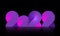 2022 Neon Banner Happy New Year on Dark Pink and purple color. Fashion gradient color numbers. Christmas Poster Design. Neon light