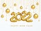 2022 New Year card. Design of Christmas decorations hanging on a gold chain gold number 2021. Hanging Christmas balls. Happy new