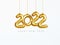 2022 New Year card. Design of Christmas decorations hanging on a gold chain gold number 2022