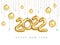 2022 New Year card. Design of gold and silver Christmas balls hanging on a gold and silver chain and in the center - the golden