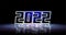 2022 New Year glitchy neon sign with shiny 3D digits and realistic reflection on wet floor. 2021 New Years Eve party or
