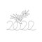 2022 New Year lettering concept. Continuous line drawing numbers, ball, fir tree branch