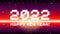 2022 New Year sign with glitched glowing pixels and red retro grid. Winter holiday and year change symbol.