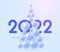 2022 sign over hanging beautiful Christmas baubles