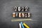 2022 Trends. Text from wooden letters and colored pieces of chalk on a chalk board