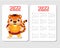 2022 year calendar with tiger. Chinese new year design with symbol of lunar zodiac, tiger with golden boat yuanbao ingot