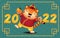 2022 year of the tiger. Happy Chinese new year banner with cute cartoon tiger with tangerine symbol of prosperity