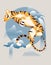 2022 Year of Water Tiger sign on Chinese calendar. Wild cat among the eastern mountains in the fog and waterfalls. Large