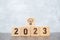 2023 block with lightbulb icon. Business Idea, Creative, Thinking, brainstorm, Goal, Resolution, strategy, plan, Action, change