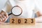 2023 block with magnifying glass. SEO, Search Engine Optimization, hiring , Advertising, Idea, Strategy, marketing, Keyword,