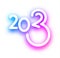 2023 blue and purple neon like sign on white background