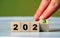 2023 change year concept. Cube block with 2023 inscription as start New Year 2023. start new business target strategy concept.