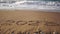2023 figures on sandy beach Happy New Year 2023, number hand written in the golden sand on beautiful sunset golden light
