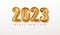2023 Golden realistic digits of the date of New Year. Happy New Year Banner with realistic vector render of numbers 2023