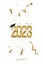 2023 graduation ceremony vertical banner. Award concept with academic hat, golden numbers, ribbons, confetti and text